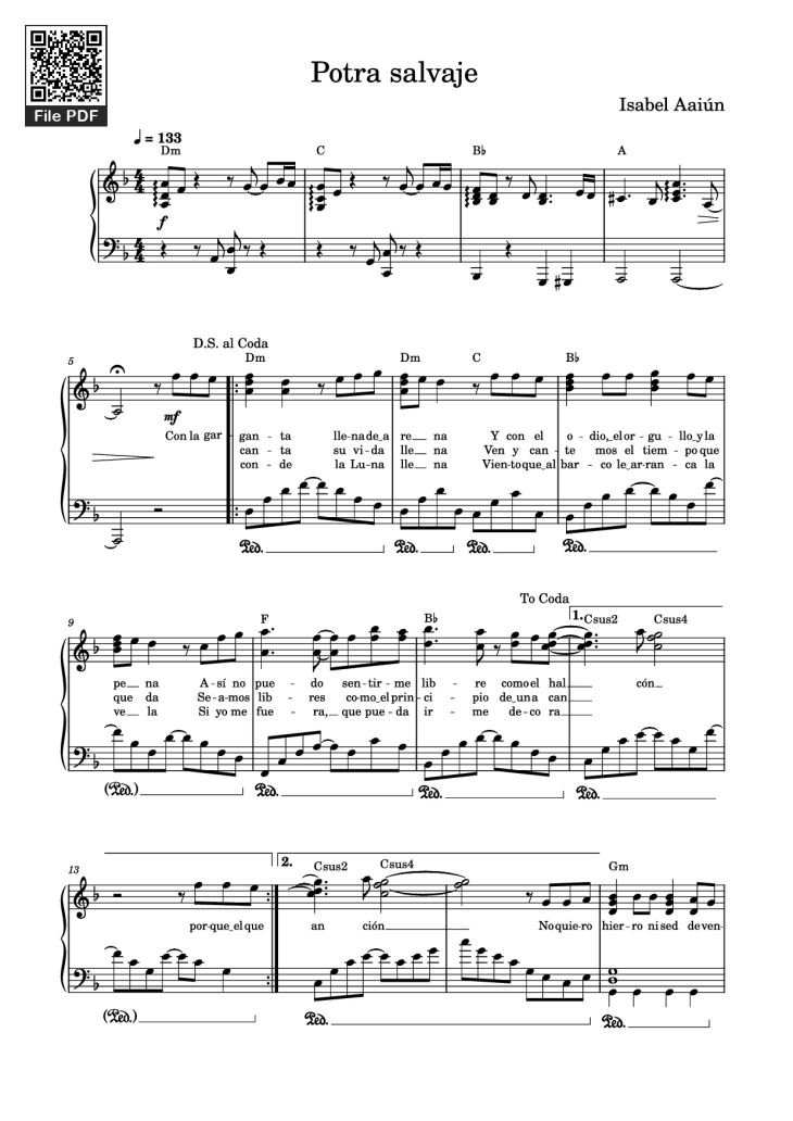 Page 1 of the piano sheet music PDF Piano – Potra salvaje Piano by Isabel Aaiún