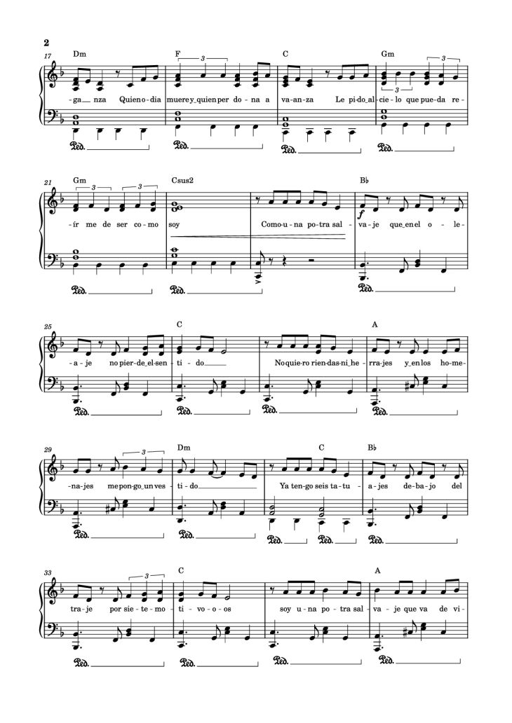 Page 2 of the piano sheet music PDF Piano – Potra salvaje Piano by Isabel Aaiún