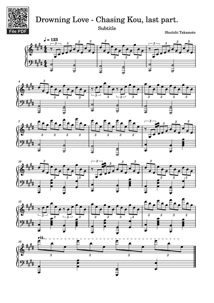Page 1 of the piano sheet music PDF Piano – Drowning Love - Chasing Kou, last part. Piano by Shuitchi Takamoto