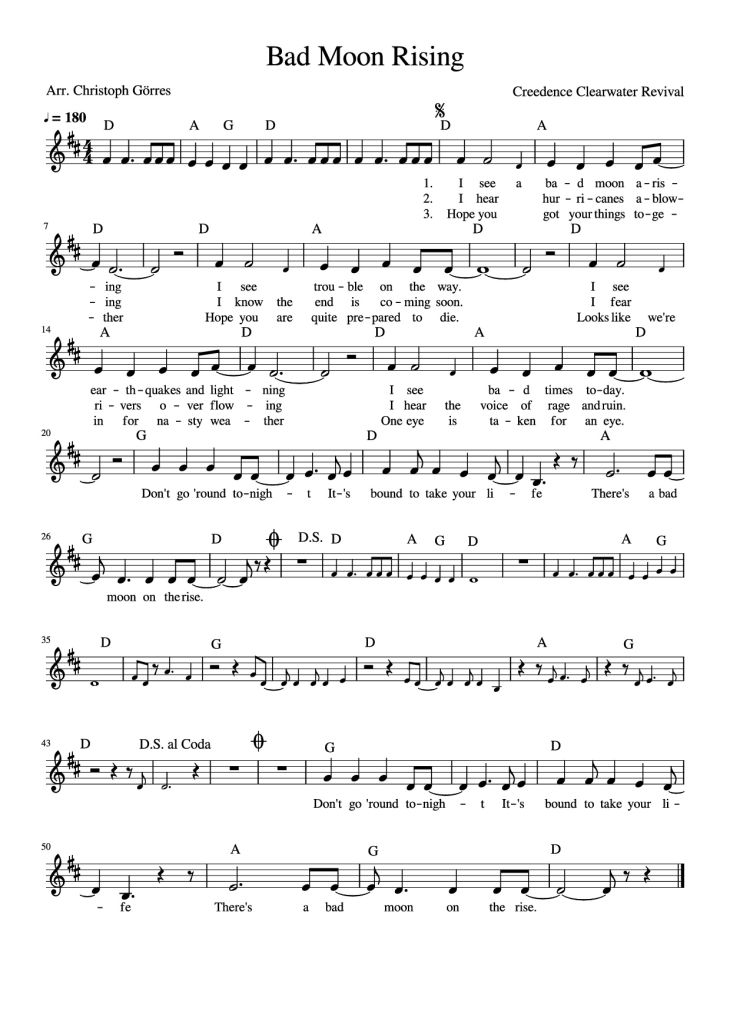 Page 1 of the piano sheet music PDF Piano – Bad Moon Rising Piano by Creedence Clearwater Revival