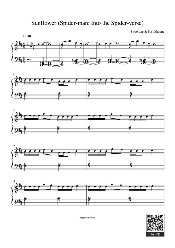 Page 1 of the piano sheet music PDF Piano – Sunflower (Spider-man: Into the Spider-verse) Piano by Swae Lee & Post Malone