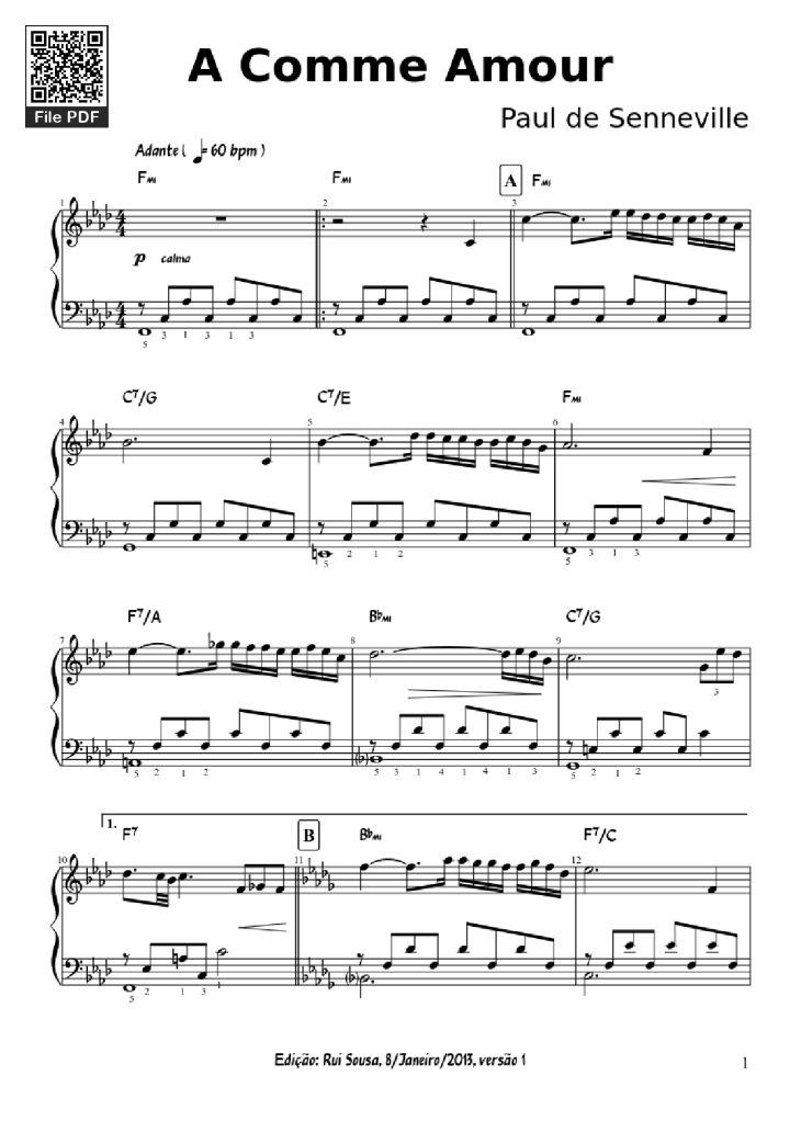 Page 1 of the piano sheet music PDF Piano – A Comme Amour Piano by Paul de Senneville