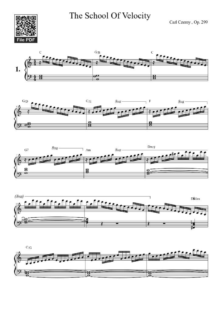 Page 1 of the piano sheet music PDF Piano – The School Of Velocity Piano by Carl Czerny , Op. 299