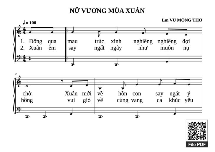 Page 1 of the piano sheet music PDF Piano – NỮ VƯƠNG MÙA XUÂN Piano dễ tập by VŨ MỘNG THƠ