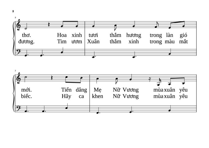 Page 2 of the piano sheet music PDF Piano – NỮ VƯƠNG MÙA XUÂN Piano dễ tập by VŨ MỘNG THƠ