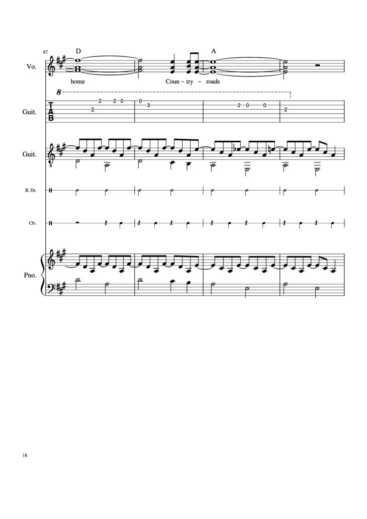 Page 18 of the piano sheet music PDF Piano Guitar Tab – Take Me Home, Country Roads Piano by John Denver, Bill Danoff, et al