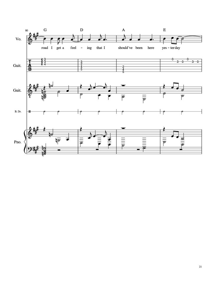 Page 21 of the piano sheet music PDF Piano Guitar Tab – Take Me Home, Country Roads Piano by John Denver, Bill Danoff, et al