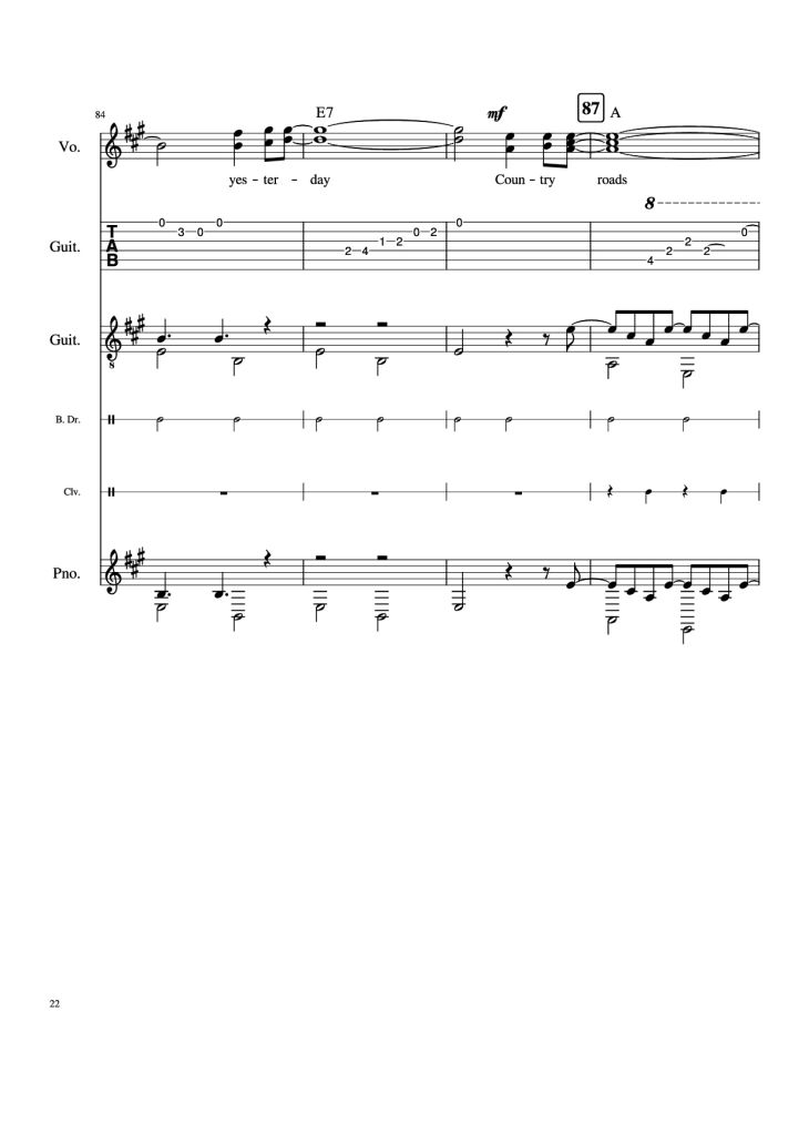 Page 22 of the piano sheet music PDF Piano Guitar Tab – Take Me Home, Country Roads Piano by John Denver, Bill Danoff, et al