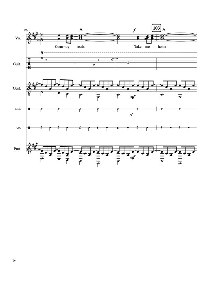 Page 26 of the piano sheet music PDF Piano Guitar Tab – Take Me Home, Country Roads Piano by John Denver, Bill Danoff, et al