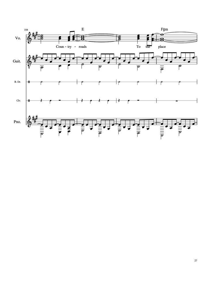 Page 27 of the piano sheet music PDF Piano Guitar Tab – Take Me Home, Country Roads Piano by John Denver, Bill Danoff, et al