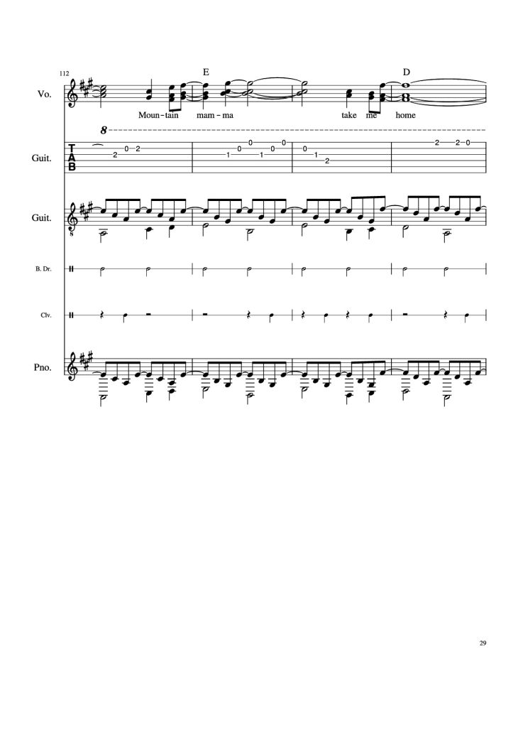 Page 29 of the piano sheet music PDF Piano Guitar Tab – Take Me Home, Country Roads Piano by John Denver, Bill Danoff, et al