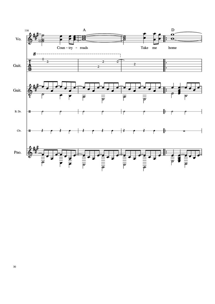 Page 30 of the piano sheet music PDF Piano Guitar Tab – Take Me Home, Country Roads Piano by John Denver, Bill Danoff, et al