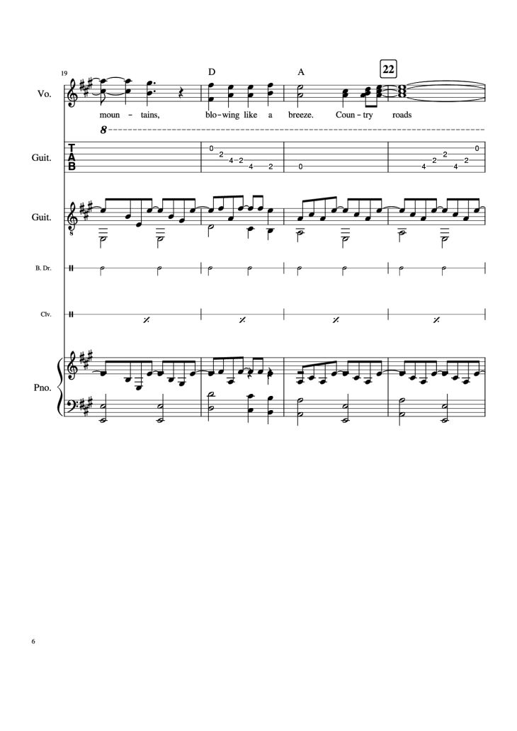 Page 6 of the piano sheet music PDF Piano Guitar Tab – Take Me Home, Country Roads Piano by John Denver, Bill Danoff, et al
