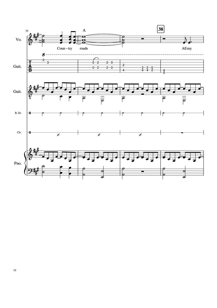 Page 10 of the piano sheet music PDF Piano Guitar Tab – Take Me Home, Country Roads Piano by John Denver, Bill Danoff, et al
