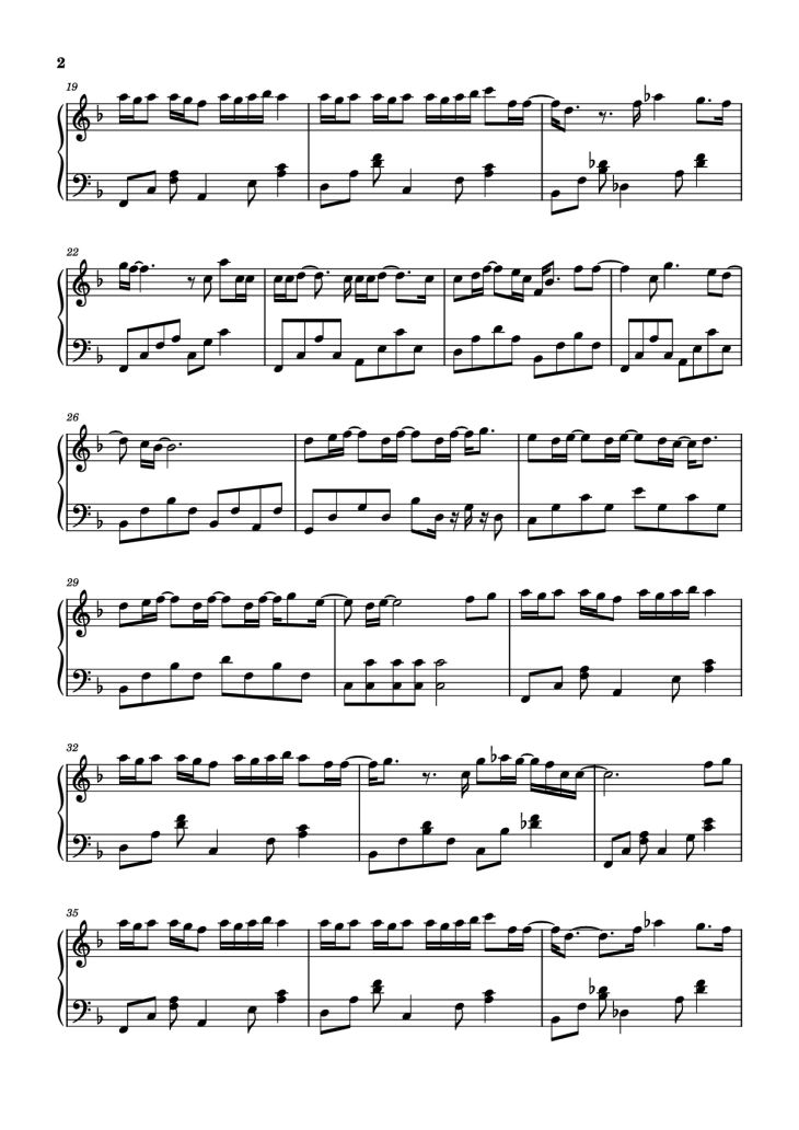 Page 2 of the piano sheet music PDF Piano – 每天在分手 Piano by 演唱/作词 ：张语哝