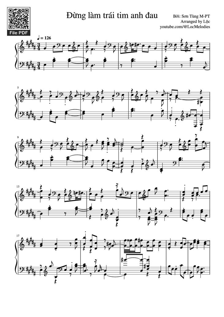 Page 1 of the piano sheet music PDF Piano – Đừng làm trái tim anh đau Piano by Bởi: Sơn Tùng M-PT