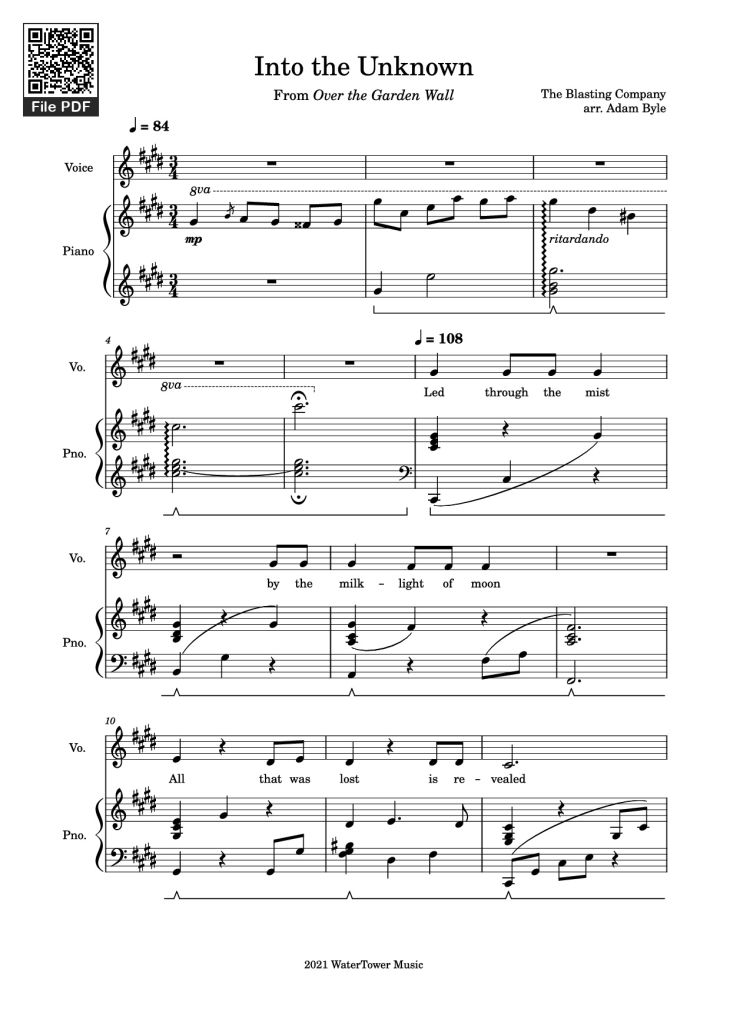 Page 1 of the piano sheet music PDF Piano – Into the Unknown Piano by The Blasting Company