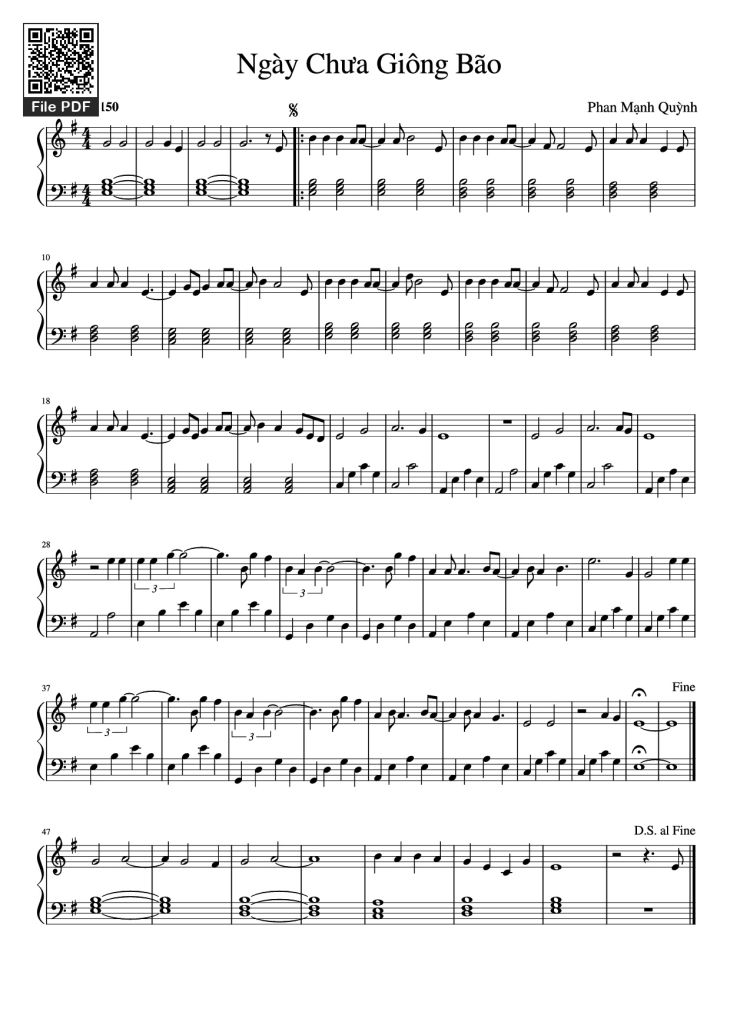 Page 1 of the piano sheet music PDF Piano – Ngày Chưa Giông Bão Piano by Phan Mạnh Quỳnh