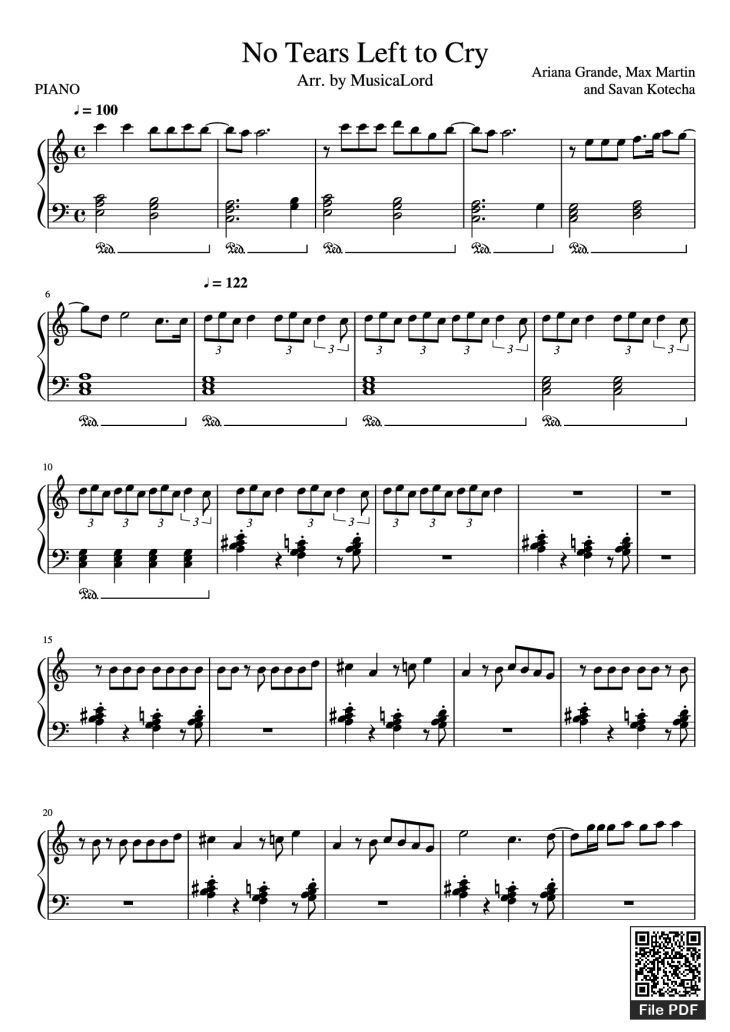 Page 1 of the piano sheet music PDF Piano – No Tears Left to Cry Piano by Ariana Grande, Max Martin and Savan Kotecha