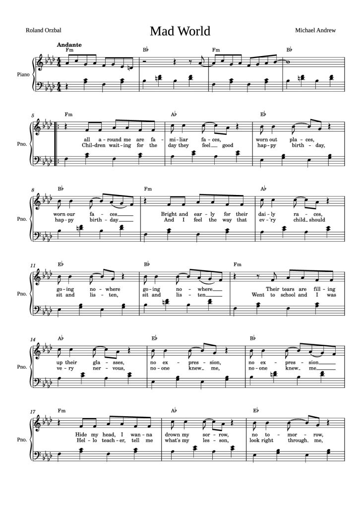 Page 1 of the piano sheet music PDF Piano – Mad World Piano by Michael Andrew