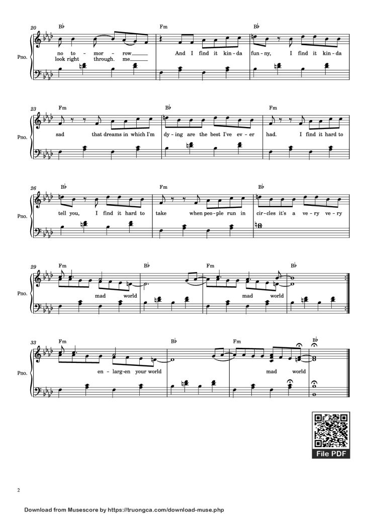 Page 2 of the piano sheet music PDF Piano – Mad World Piano by Michael Andrew