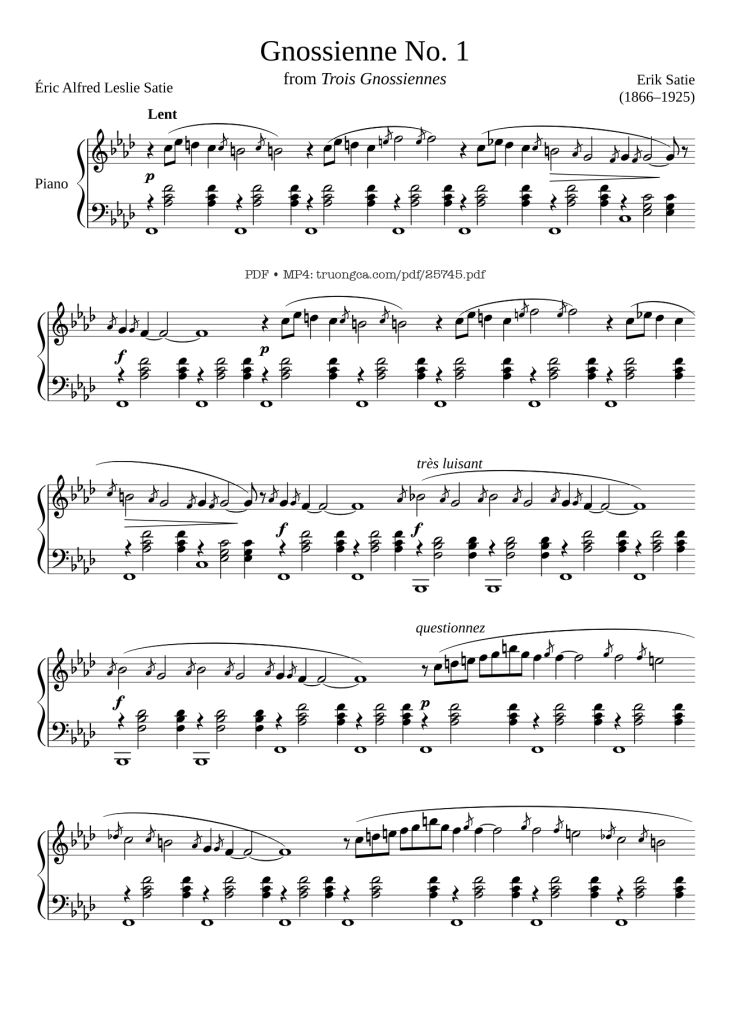 Page 1 of the piano sheet music PDF Piano – Gnossienne No. 1 by Erik Satie