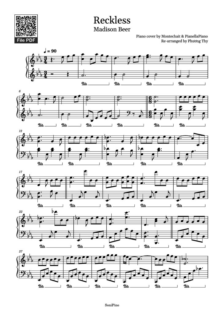 Page 1 of the piano sheet music PDF – Reckless Piano by Piano cover by Montechait & PianellaPiano