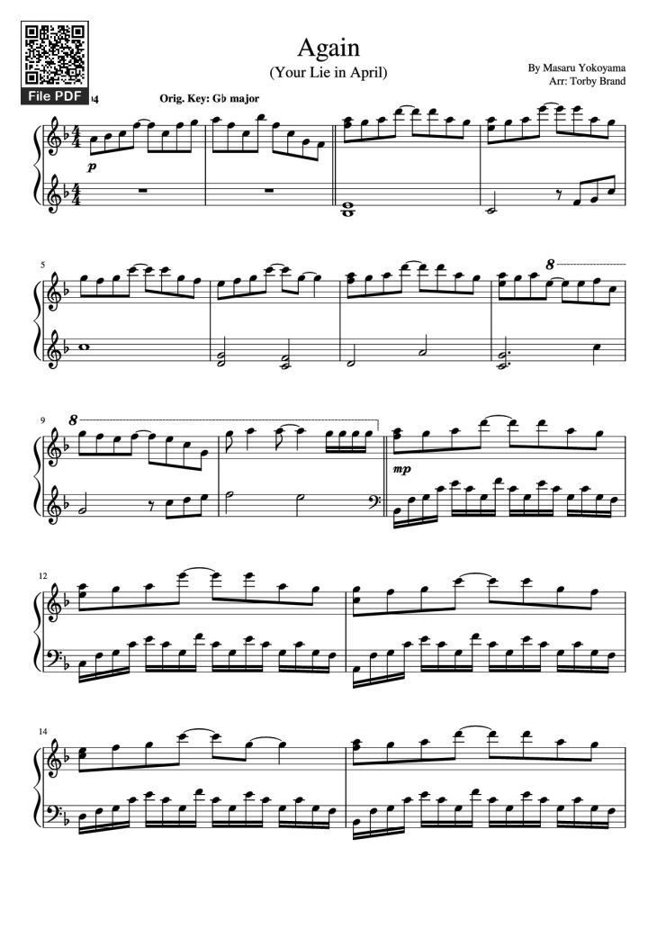 Page 1 of the piano sheet music PDF Piano – Again (Your lie in April) Piano by Masaru Yokoyama