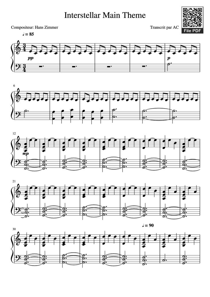 Page 1 of the piano sheet music PDF Piano – Interstellar Main Theme Piano (Easy) by Hans Zimmer