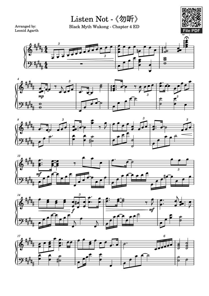 Page 1 of the piano sheet music PDF Piano – Listen Not - 《勿听》 Piano by Undefined