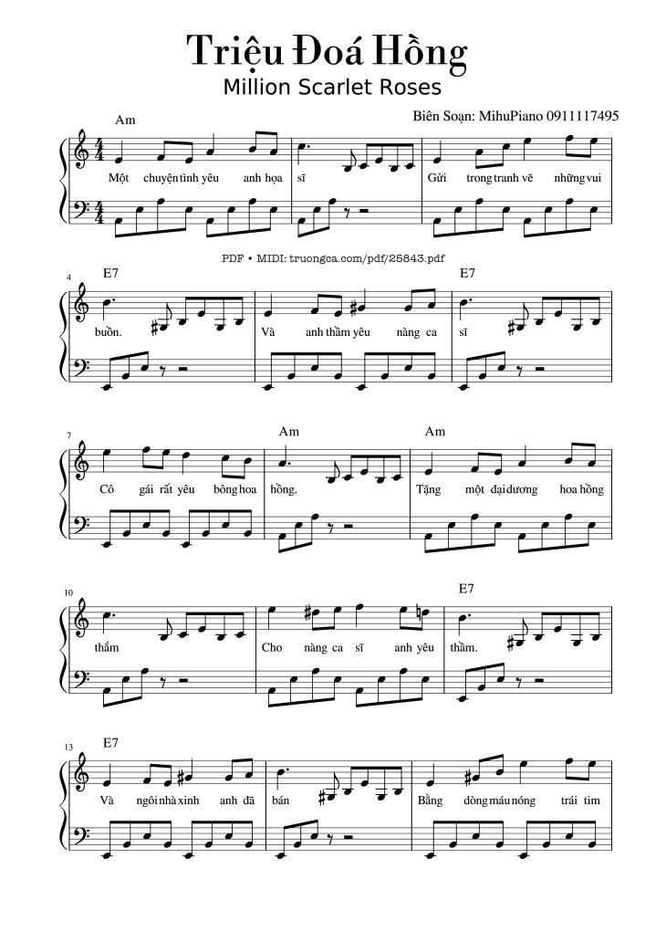 Page 1 of the piano sheet music PDF Piano – Triệu Đoá Hồng Piano by Raimonds Pauls
