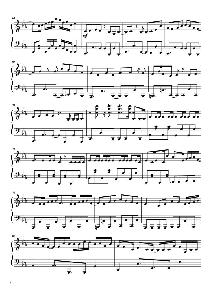 Page 4 of the piano sheet music PDF Piano – 夜に駆ける Piano by Arr. BambooOnFire