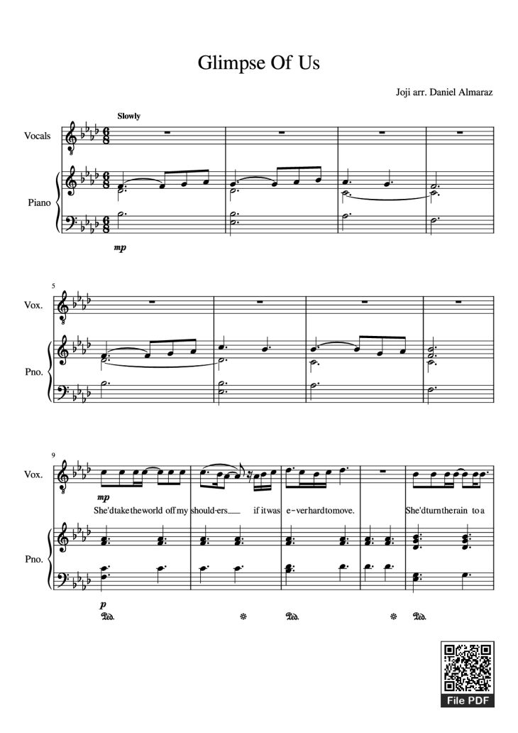 Page 1 of the piano sheet music PDF Piano – Glimpse Of Us Piano by Joji arr. Daniel Almaraz