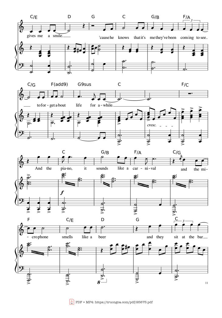 Page 11 of the piano sheet music PDF Piano – Piano Man (Vocal-Piano the original live version) by Arr. Josepheroic