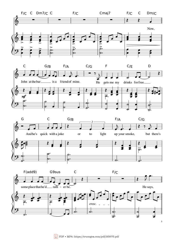 Page 5 of the piano sheet music PDF Piano – Piano Man (Vocal-Piano the original live version) by Arr. Josepheroic
