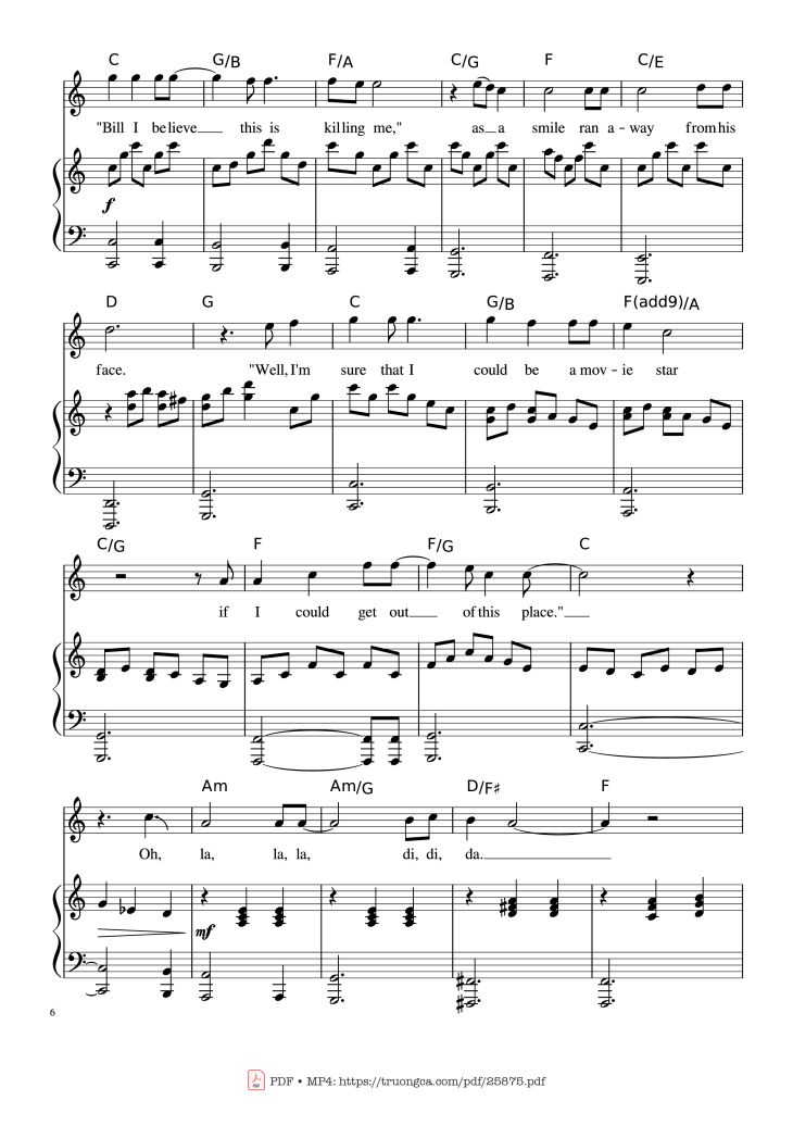 Page 6 of the piano sheet music PDF Piano – Piano Man (Vocal-Piano the original live version) by Arr. Josepheroic