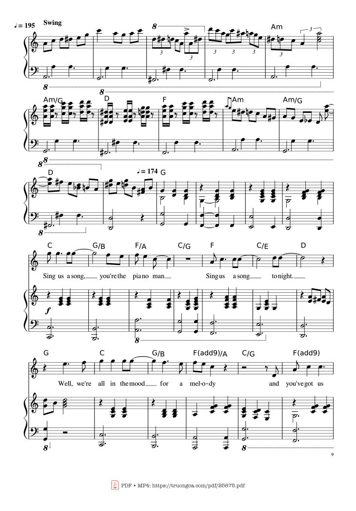 Page 9 of the piano sheet music PDF Piano – Piano Man (Vocal-Piano the original live version) by Arr. Josepheroic