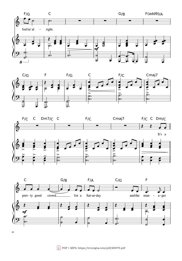 Page 10 of the piano sheet music PDF Piano – Piano Man (Vocal-Piano the original live version) by Arr. Josepheroic