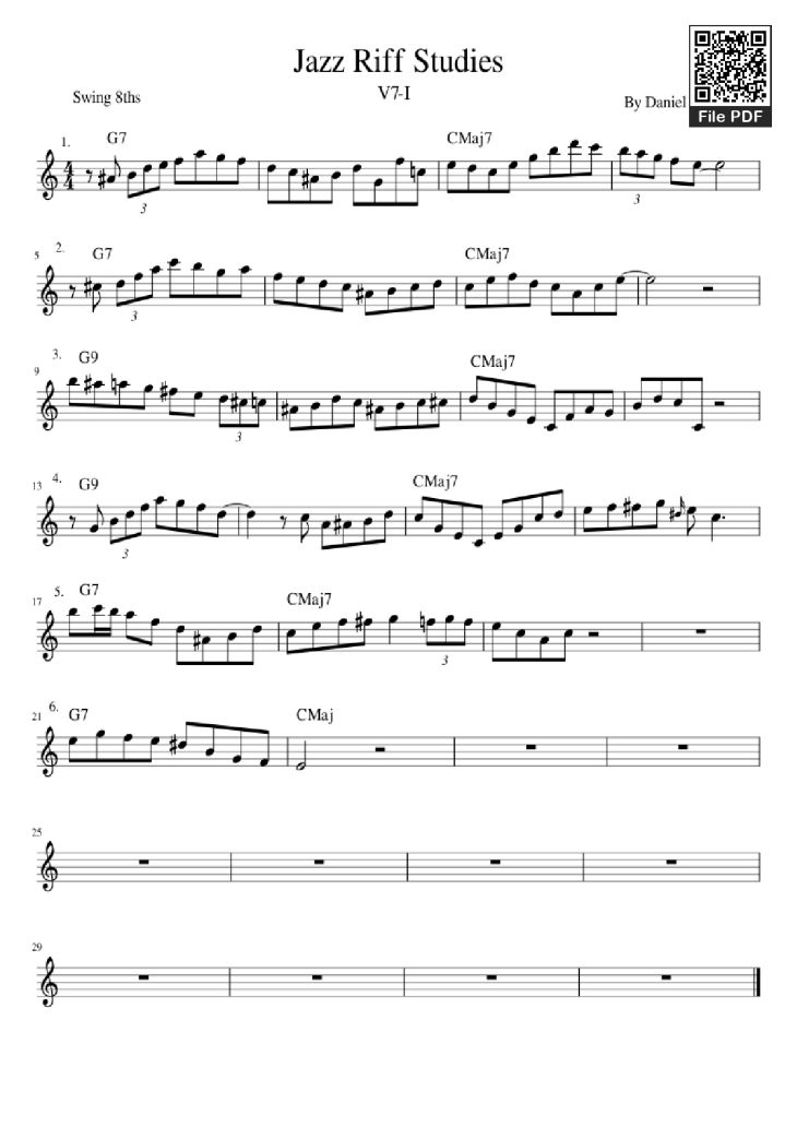 Page 1 of the piano sheet music PDF Piano – Jazz Riff Studies Piano by Daniel Mosovich