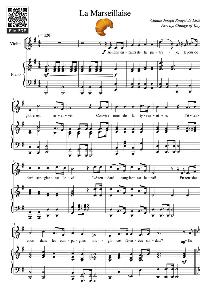 Page 1 of the piano sheet music PDF Piano – La Marseillaise Piano by Claude Joseph Rouget de Lisle