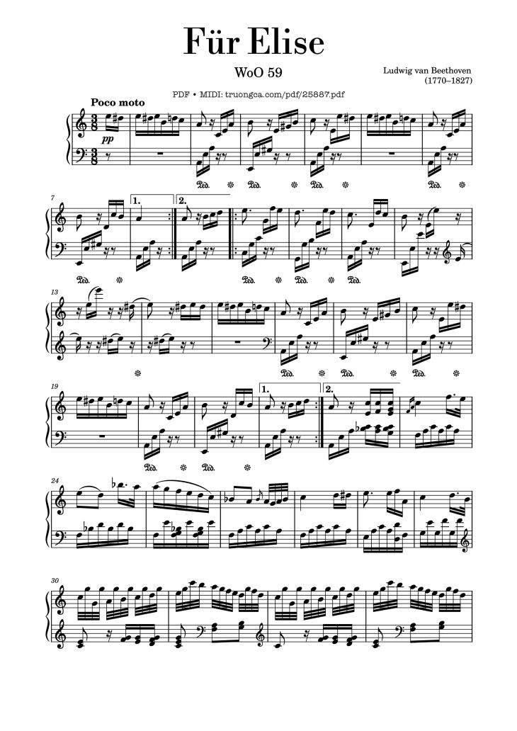Page 1 of the piano sheet music PDF Piano – Fur Elise (full) Piano by Ludwig van Beethoven