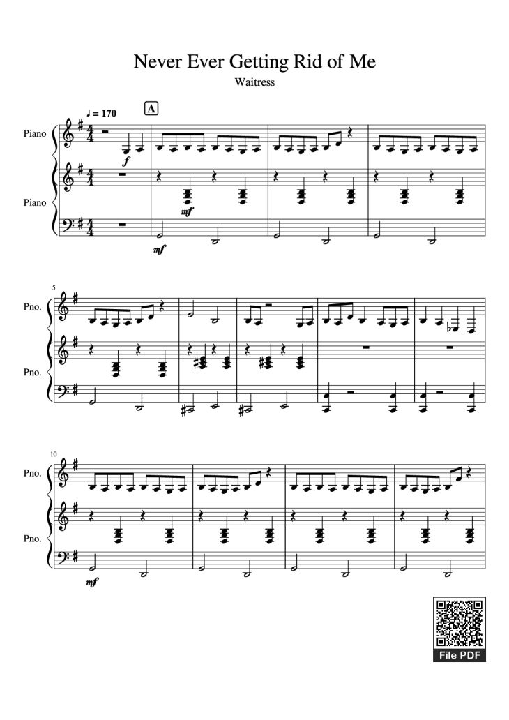 Page 1 of the piano sheet music PDF Piano – Never Ever Getting Rid of Me Piano by Undefined