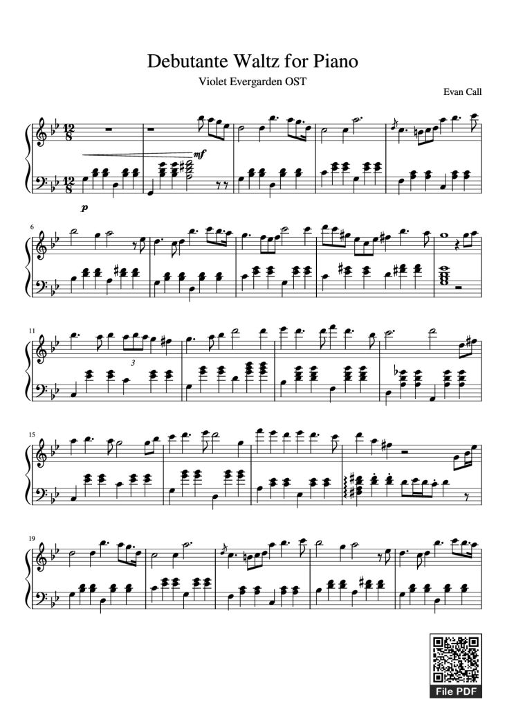 Page 1 of the piano sheet music PDF Piano – Debutante Waltz for Piano by Evan Call