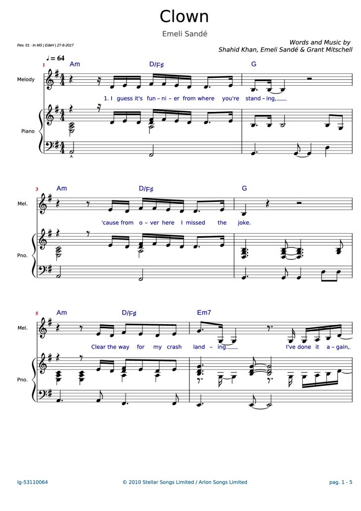 Page 1 of the piano sheet music PDF Piano – Clown Piano by Words and Music by Shahid Khan, Emeli Sand? & Grant Mitschell