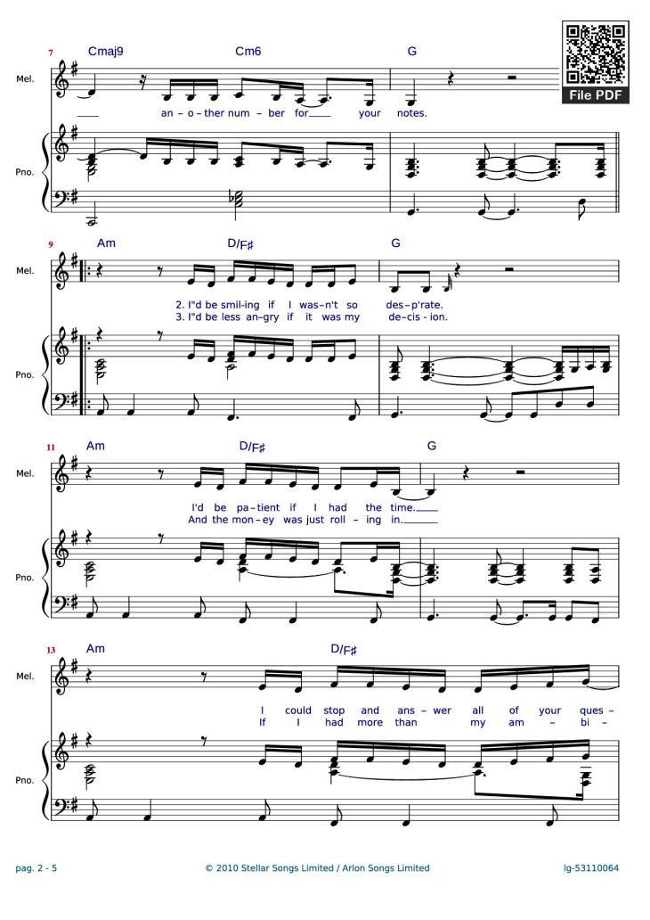 Page 2 of the piano sheet music PDF Piano – Clown Piano by Words and Music by Shahid Khan, Emeli Sand? & Grant Mitschell