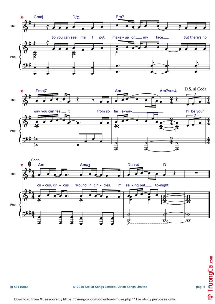 Page 5 of the piano sheet music PDF Piano – Clown Piano by Words and Music by Shahid Khan, Emeli Sand? & Grant Mitschell