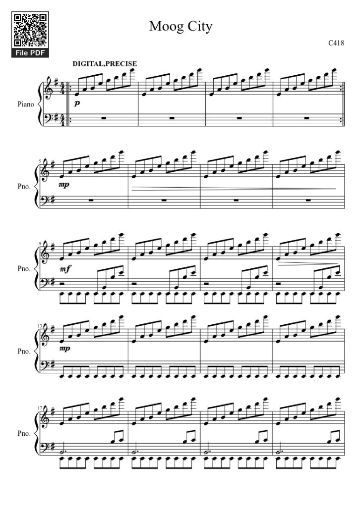 Page 1 of the piano sheet music PDF Piano – Moog City Piano by C418