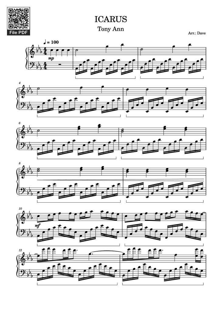 Page 1 of the piano sheet music PDF Piano – ICARUS Piano by Arr.: Dave