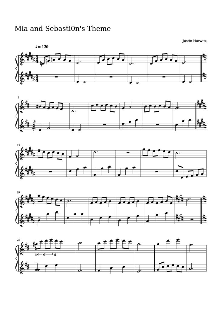 Page 1 of the piano sheet music PDF Piano – Mia and Sebasti0n