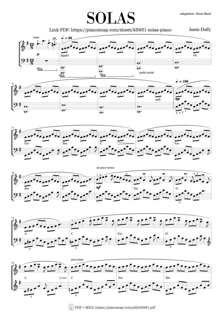 Page 1 of the piano sheet music PDF Piano – Solas - Jamie Duffy Piano by Jamie Duffy